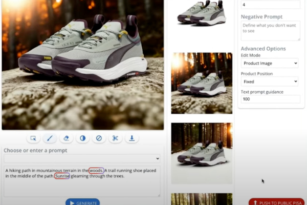 Puma prompts Google's Imagen tool to create a background for an image of trail runner shoes.