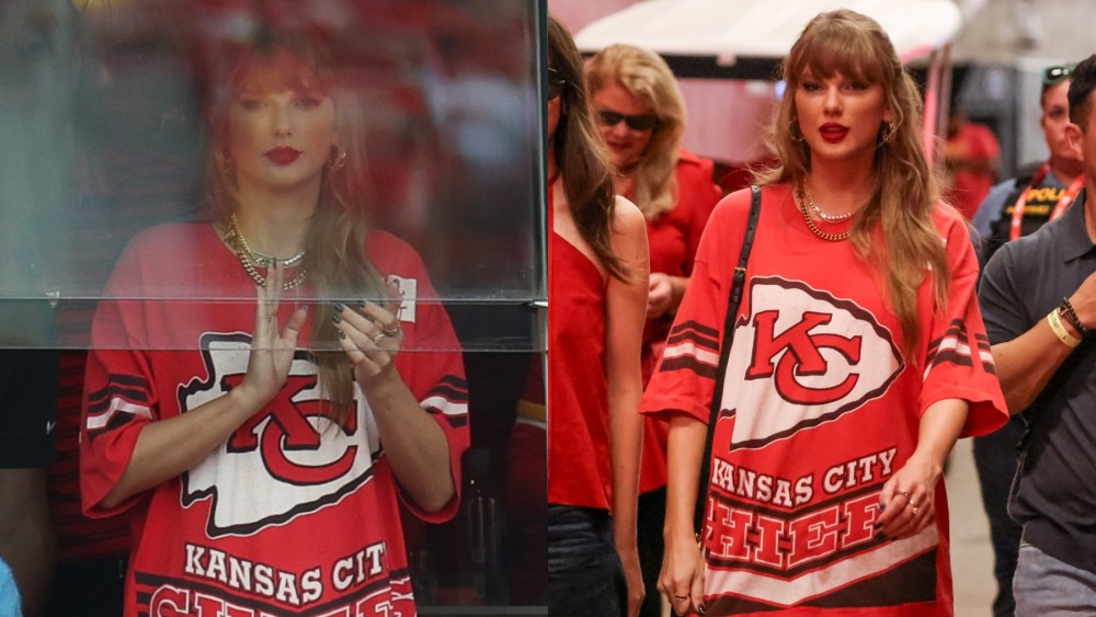 Taylor Swift at a football game between the Cincinnati Bengals and Kansas City Chiefs on Sept. 15 in Kansas City, Missouri, vintage t-shirt dress, Giuseppe Zanotti boots
