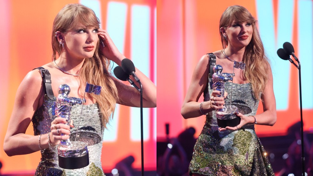 Taylor Swift wears ufo dress accepts the Video of the Year award for "Fortnight" onstage at the 2024 MTV Video Music Awards on Sept. 11 in Elmont, New York, Monse, UFO, embroidered minidress
