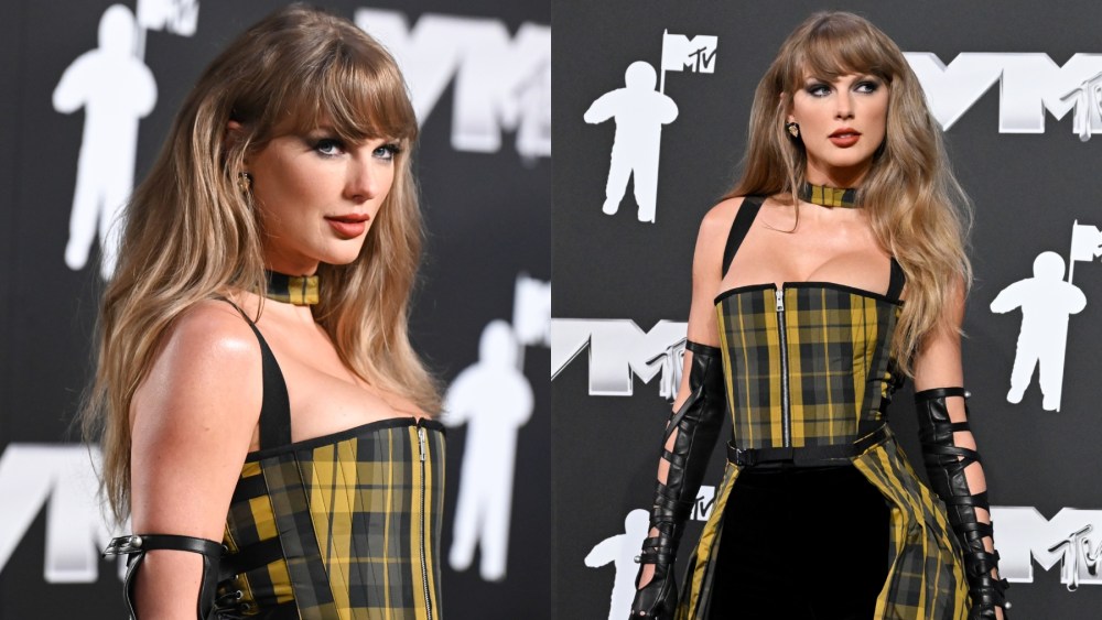 Taylor Swift outfit at the 2024 MTV Video Music Awards on Sept. 11 in Elmont, New York, Christian Dior, tartan, red carpet, Lorraine Schwartz, Stuart Weitzman