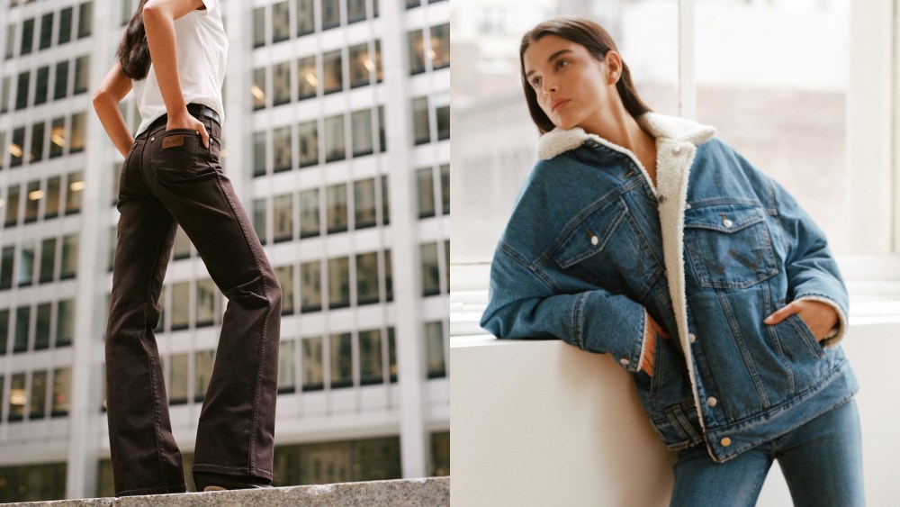 Woman wearing brown Wrangler x Staud jeans; woman wearing a sherpa-lined denim jacket