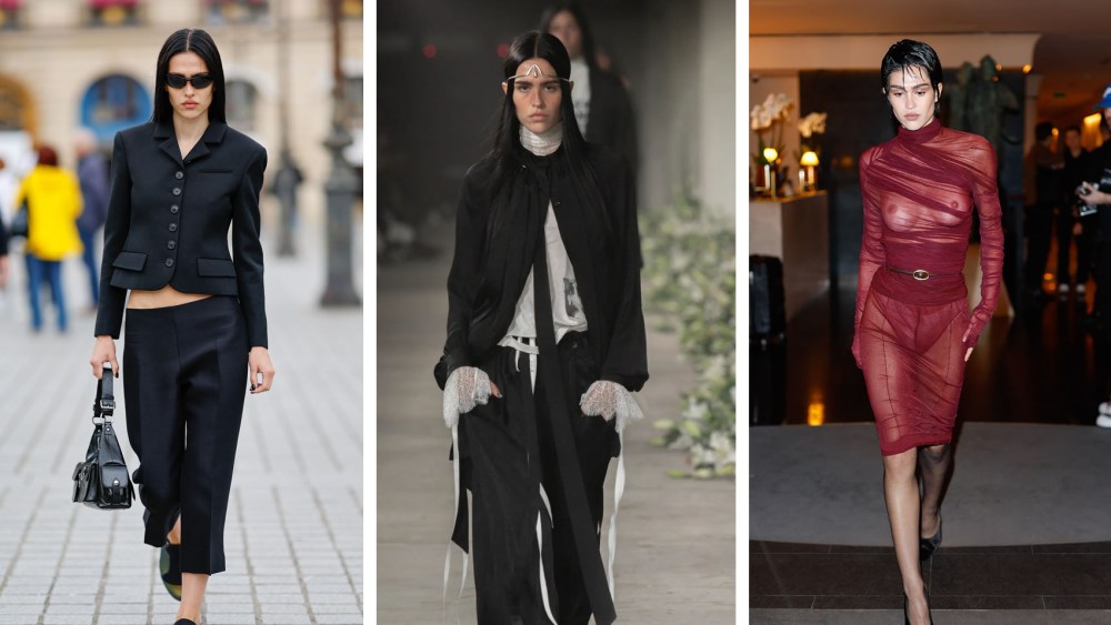 Amelia Gray Hamlin street style is seen on September 27, 2024 in Paris, PARIS, FRANCE - SEPTEMBER 28: (EDITORS NOTE: Image contains partial nudity.) Amelia Gray Hamlin wears sheer red dress see-through fashion trends, is seen on September 28, 2024 in Paris, France. (Photo by Rachpoot/Bauer-Griffin/GC Images), modeling on the runway Ann Demeulemeester Spring 2025 Ready-to-Wear Collection at Paris Fashion Week