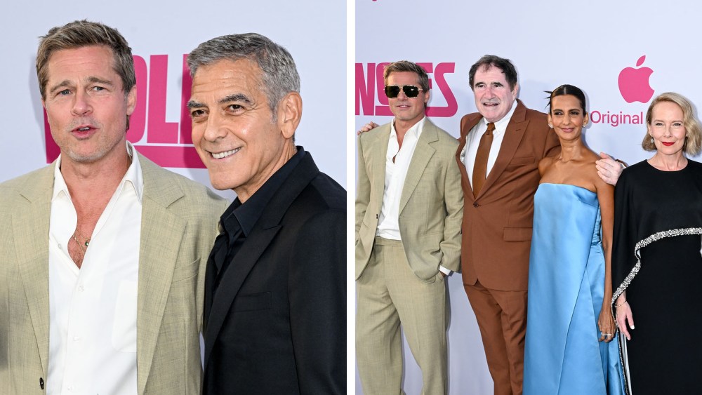 Brad Pitt, left, George Clooney, right, attend the "Wolfs" premiere in Los Angeles on Sept. 18.