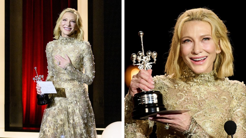 gold armani prive dress, SAN SEBASTIAN, SPAIN - SEPTEMBER 21: Actress Cate Blanchett receives the Donostia Award during the 72nd San Sebastian Film Festival at the Kursaal Palace on September 21, 2024 in San Sebastian, Spain. (Photo by Carlos Alvarez/Getty Images)
