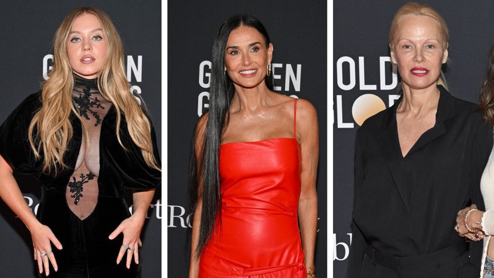 Pamela Anderson, left, and Gia Coppola at "The Road to the Golden Globes Party" held at the Four Seasons Hotel Toronto at the Toronto International Film Festival 2024 on Sept. 7, 2024 in Toronto, sydney sweeney wears sheer dress, demi moore wears red dress, celebrities at tiff 2024 red carpet