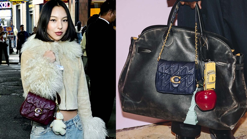 woman wearing fur-trimmed jacket, jeans, and burgundy quilted handbag; close up image of person holding leather tote bag and small quilted navy handbag with apple and taxi charms