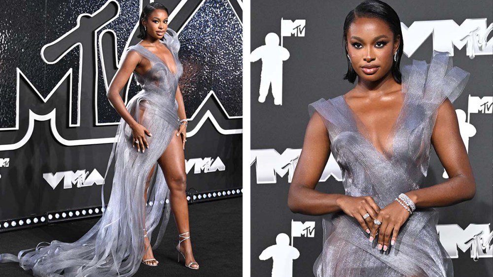 Coco Jones, 2024 MTV VMAs, silver dress, sheer trend, Coco Jones at the 2024 MTV Video Music Awards held at UBS Arena on September 11, 2024 in Elmont, New York.