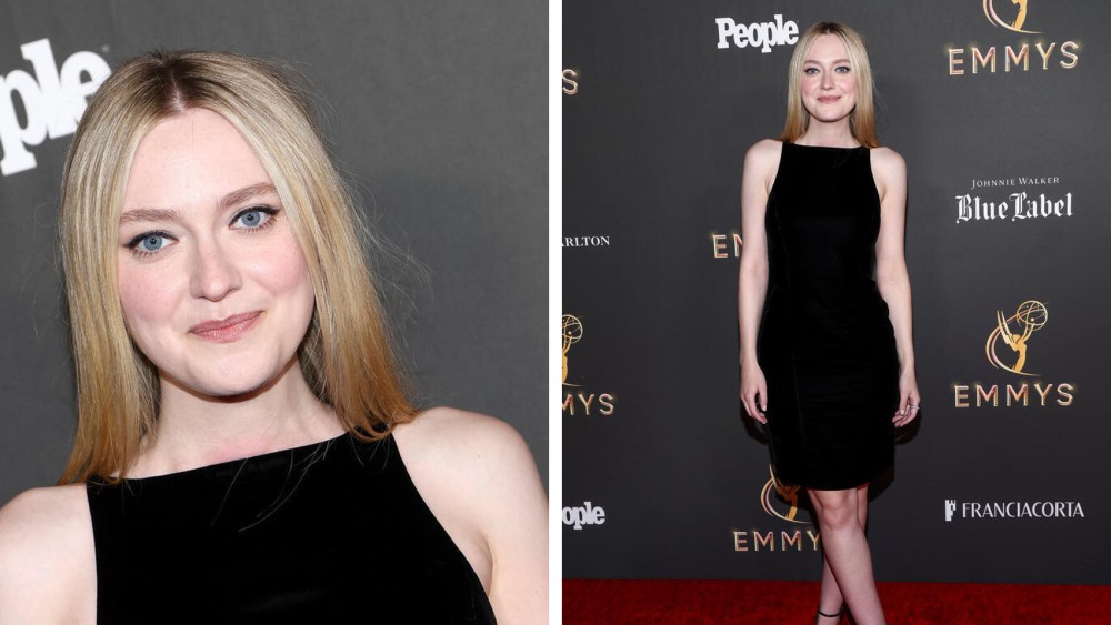Dakota Fanning at 76th Emmys Performer Nominee Celebration in Beverly Hills, California on Sept. 14, red carpet little black giorgio armani dress celebrity style