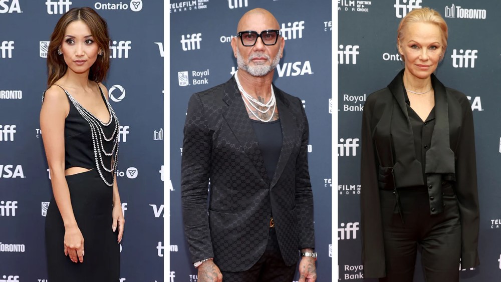 Dave Bautista new look, Gucci suit, pearl necklace, Jason of Beverly Hills bracelet, TIFF, The Last Showgirl premiere, red carpet