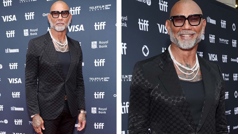 Dave Bautista, Gucci suit, pearl necklace, Jason of Beverly Hills bracelet, TIFF, The Last Showgirl premiere, red carpet