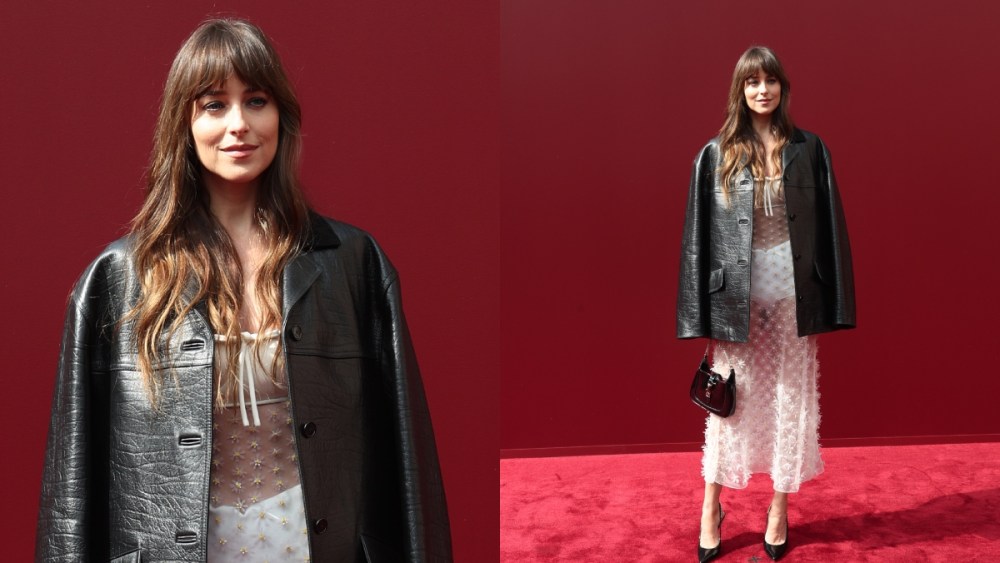 Dakota Johnson sheer see-through dress, attends the Gucci  Women's Spring Summer 2025 Fashion Show.