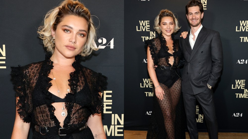 Florence Pugh sheer lace dior see-through fashion trend look at "We Live In Time" Screening in NYC, andrew garfield