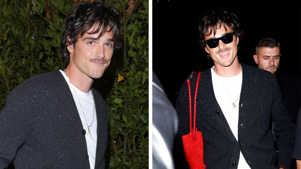 Jacob Elordi red bag at Bottega Veneta RTW Spring 2025 as part of Milan Ready to Wear Fashion Week on September 21, 2024 in Milan, Italy.