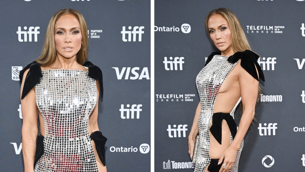 Jennifer Lopez at the 2024 Toronto International Film Festival “Unstoppable” Premiere held at Roy Thomson Hall on September 06, 2024 in Toronto, Canada, tamara ralph revenge dress, silver mirrored side slit dress