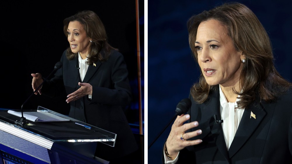 kamala harris debate outfit pantsuit and pearls, Democratic presidential nominee, U.S. Vice President Kamala Harris, debates Republican presidential nominee, former U.S. president Donald Trump, for the first time during the presidential election campaign at The National Constitution Center on Sept. 10, 2024 in Philadelphia.
