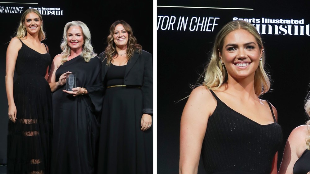 PHOENIX, ARIZONA - SEPTEMBER 24: (L-R) sports illustrated swimsuit issue cover supermodel Kate Upton, sports illustrated editor
 MJ Day, and Hillary Drezner speak onstage during the Adweek Brand Genius Gala at Arizona Grand Resort on September 24, 2024 in Phoenix, Arizona. (Photo by John Medina/Getty Images for Adweek), elie saab dress,