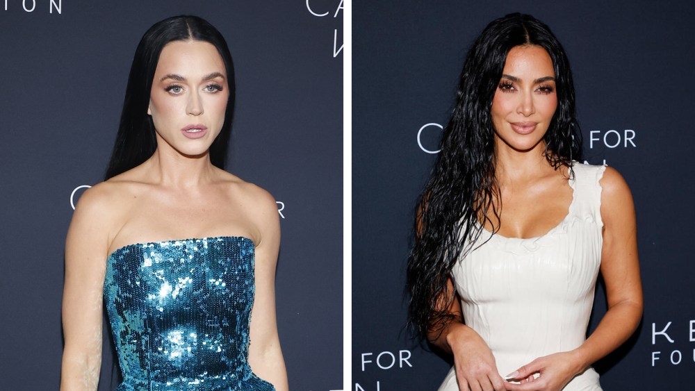 Katy Perry wear blue strapless sequins balencaiaga dress and Kim Kardashian wears white balenciaga wet dress at Kering's 3rd Annual Caring For Women Dinner 2024 during nyfw