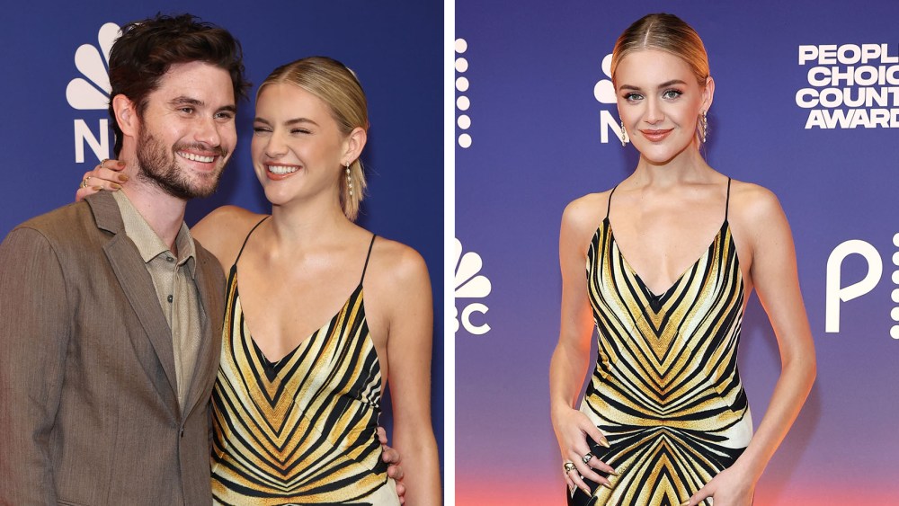 Chase Stokes and Kelsea Ballerini wearing a ray of gold roberto cavalli dress attend the 2024 People's Choice Country Awards at The Grand Ole Opry on September 26, 2024 in Nashville, Tennessee.