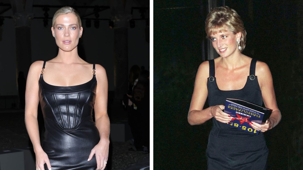 Princess diana's niece Lady Amelia Spencer wears Versace on Sept. 20, 2024; Princess Diana wears Versace on Sept. 7, 1995, black versace dress