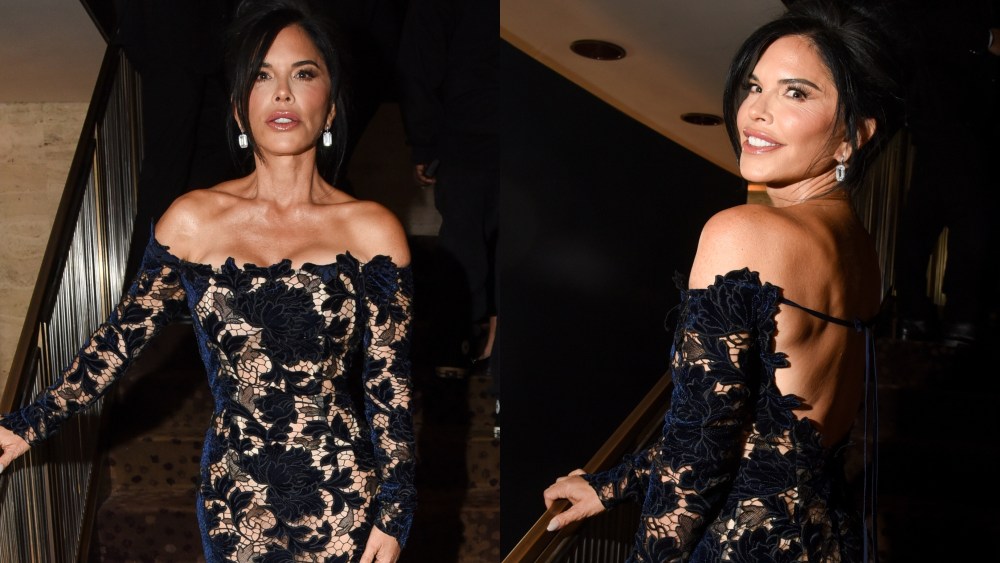 jeff bezos fiance girlfriend Lauren Sánchez wears sheer lace Oscar de la Renta black dress and Jimmy Choo high heels shoes, Kering Caring for Women Dinner 2024 gala, New York Fashion Week