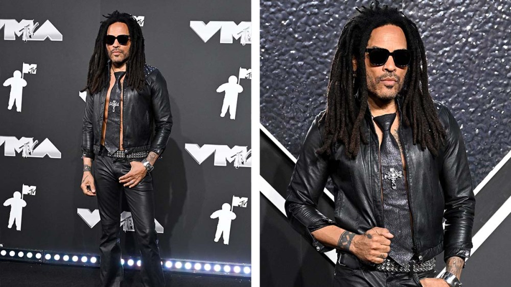Lenny Kravitz at the 2024 MTV VMAs in all leather ensemble, bare torso, leather tie, rocker style
