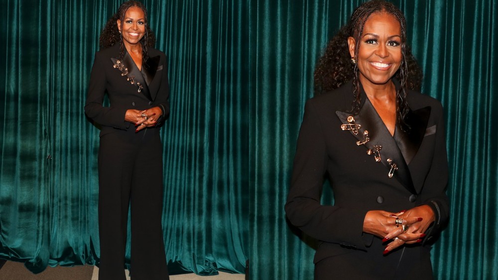 michelle obama suit, versace safety pin lapels, george clooney gala the albies 2024