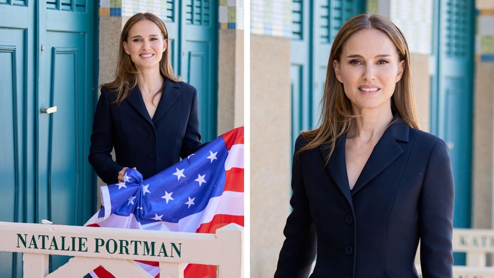 Natalie Portman wears Dior’s J'Adior slingback pump and 30 Montaigne Bar Jacket, celebrity style blue dress dior bow pumps poses after unveiling a beach cabin dedicated to her on the Promenade des Planches as part of the 50th edition of the Deauville American film festival, in Deauville on Sept. 14, 2024.