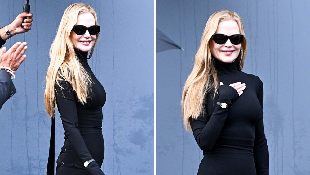 Nicole Kidman at Balenciaga Spring 2025 show during Paris Fashion Week on Sept. 30, black dress, lace details, fingerless gloves