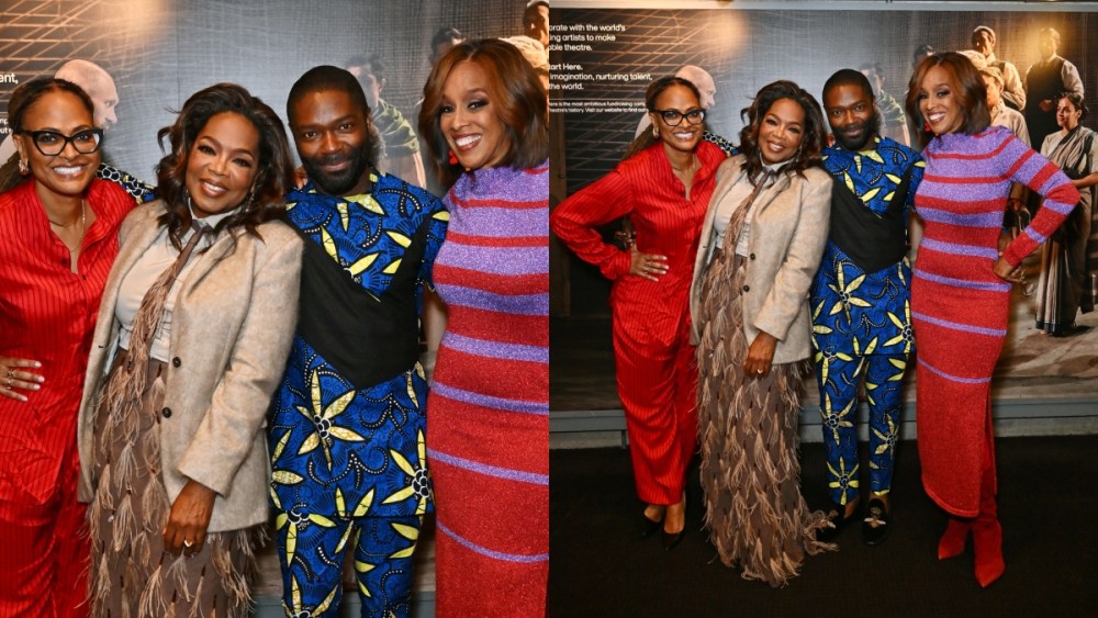 oprah wears Brunello Cucinelli dress,  Ava DuVernay, Oprah Winfrey, David Oyelowo and Gayle King attend the after party for "Coriolanus" at The National Theatre.