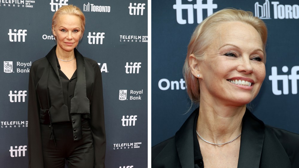 Pamela Anderson attends the premiere of "The Last Showgirl" during the 2024 Toronto International Film Festival at Princess of Wales Theatre on Sept. 6, 2024 in Toronto, Ontario, tuxedo, menswear inspired outfit