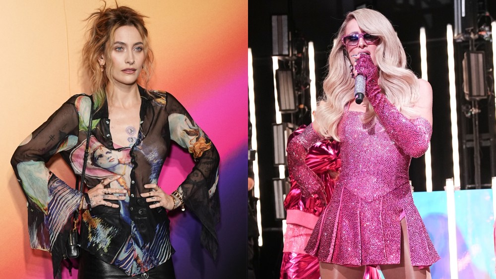 Paris Jackson sheer shirt see-through fashion trend, Paris Hilton pink dress and gloves, Stuart Weitzman, Nylon, Infinite Icon, Album Release Party, New York City