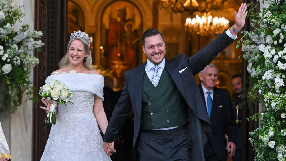 ATHENS, GREECE - SEPTEMBER 28: Princess Theodora daughter of former King of Greece Constantine II, and her husband Matthew Kumar leave the Athens' Orthodox Cathedral following their wedding ceremony at the Metropolis Greek Orthodox Cathedral on September 28, 2024 in Athens, Greece. (Photo by Milos Bicanski/Getty Images)