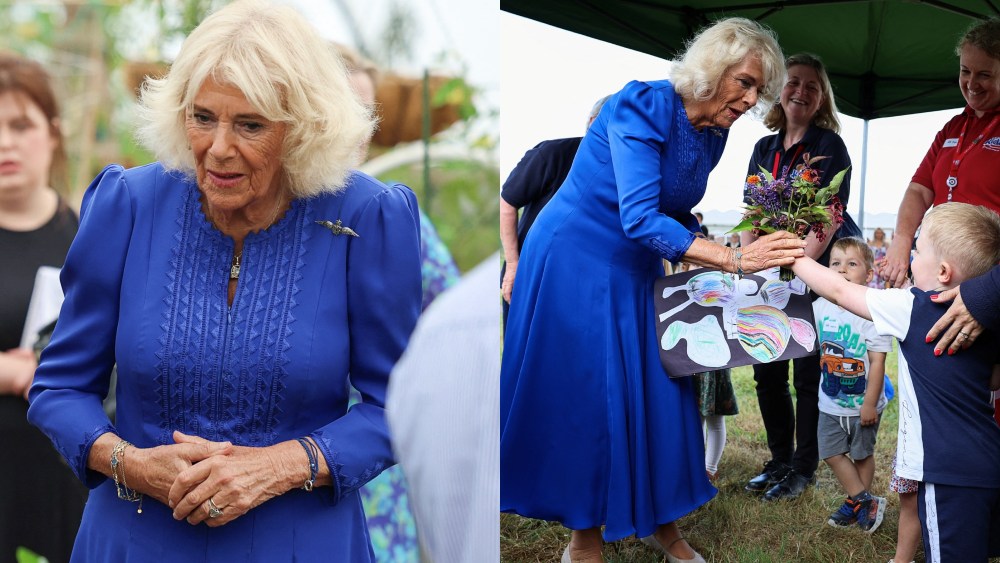Queen Camilla, Fiona Clare dress, brooch, royal jewelry, RAF Leeming on Sept. 6 in Northallerton, England