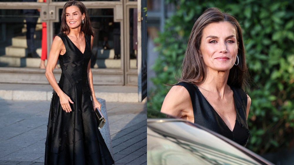 Queen Letizia of Spain, H&M sustainable little black dress, Magrit, Aquazzura, Royal Theatre in Madrid
