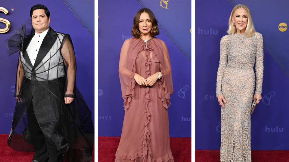 (L-R): Harvey Guillen, Maya Rudolph and Catherine O'Hara at the 76th Primetime Emmy Awards held at Peacock Theater on September 15, 2024 in Los Angeles, California.