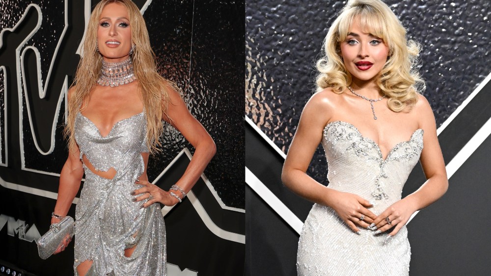 Paris Hilton, Sabrina Carpenter, Bob Mackie, Celia Kritharioti, 2024 MTV VMAs, silver dresses outfits fashion and style trend
