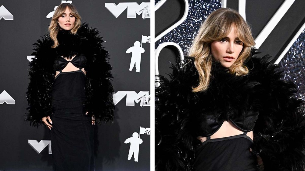 Suki Waterhouse 2024 MTV VMAs red carpet look, all-black, feather jacket, cutout dress