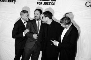 George Clooney, Ben Lovett, Marcus Mumford, and Ted Dwane