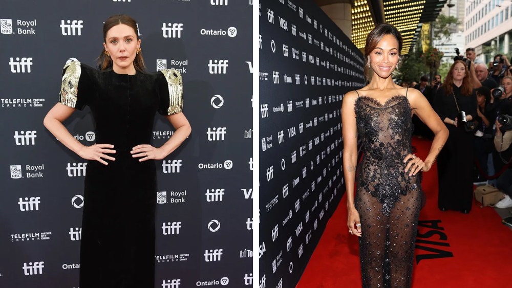 Zoe Saldana attends Netflix's "Emilia Perez" Canadian premiere during the Toronto International Film Festival at Princess of Wales Theatre on September 09, 2024 in Toronto, Ontario, Elizabeth Olsen attends the premiere of "The Assessment" during the 2024 Toronto International Film Festival at Princess of Wales Theatre on September 08, 2024 in Toronto