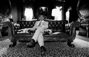 Valentino Garavani, accompanied by his two pugs, poses for portraits on June 9, 1992.
