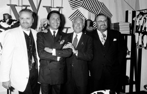 Gianni Versace, Valentino Garavani, Giorgio Armani and Gianfranco Ferre poses for a portrait at the Convivo for AIDS benefit and shopping event in Milan on June 11, 1992.