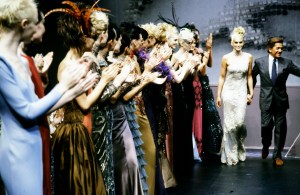 Cindy Crawford and Valentino Garavani walk the runway at the finale of the Valentino Fall 1997 Couture Runway Show on July 7, 1997, in Paris, France.