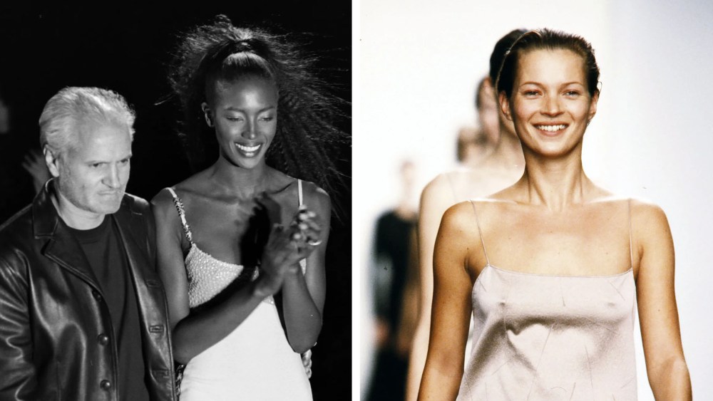 Model Kate Moss. Calvin Klein Collection Fall 1998 Ready To Wear Runway Show, New York. , Designer Gianni Versace walks the runway at the finale of the Gianni Versace Fall 1996 runway show with model Naomi Campbell in Milan, Italy.