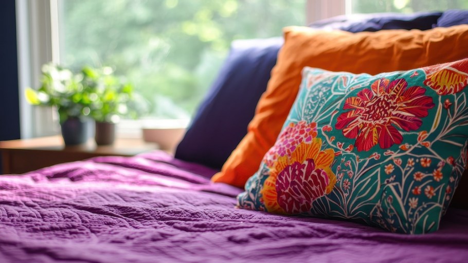 Cozy bed featuring colorful pillows and a vibrant quilt, perfect for a relaxing atmosphere in a bright and inviting room. Birla Cellulose Birla Excel home textiles.