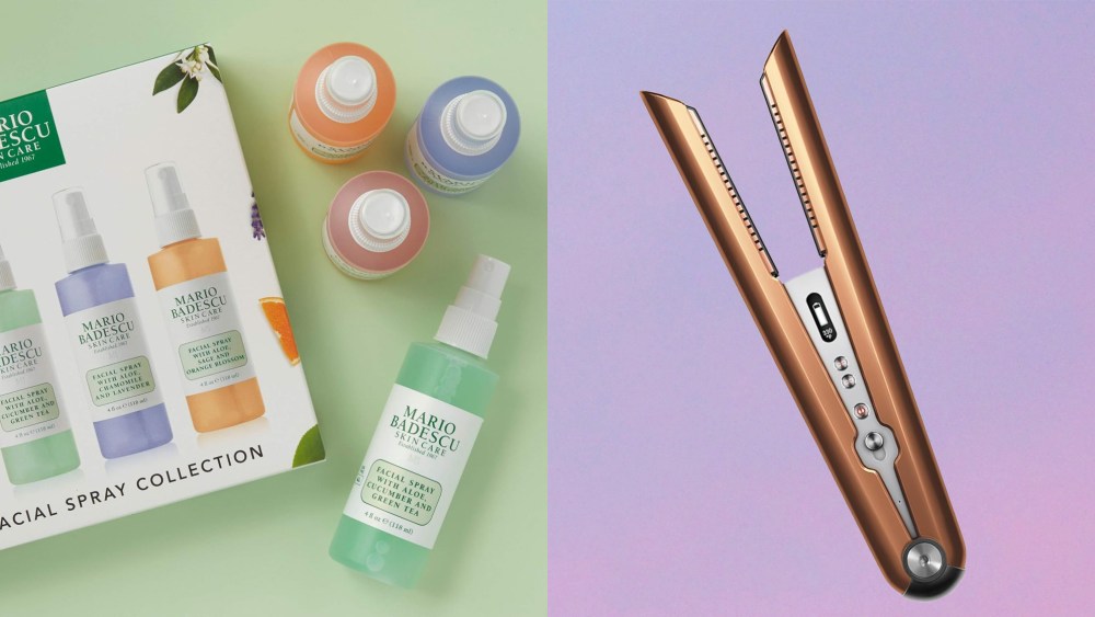 mario badescu face mists; hair straightener on a purple background