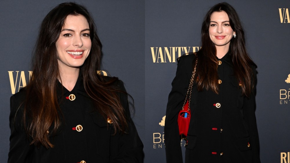 Anne Hathaway at the New York premiere of “The Apprentice” on Oct. 8 in New York, red trend, Versace, coatdress, Kleio purse