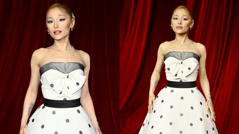 Ariana Grande at the 2024 Academy Museum Gala on Oct. 19 in Los Angeles, Balmain, vintage, polka dot, strapless dress, red carpet