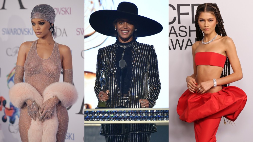 Rihanna, Beyoncé and Zendaya at the CFDA Fashion Awards in 2014, 2016 and 2021, red carpet, Adam Selman, Givenchy, Vera Wang