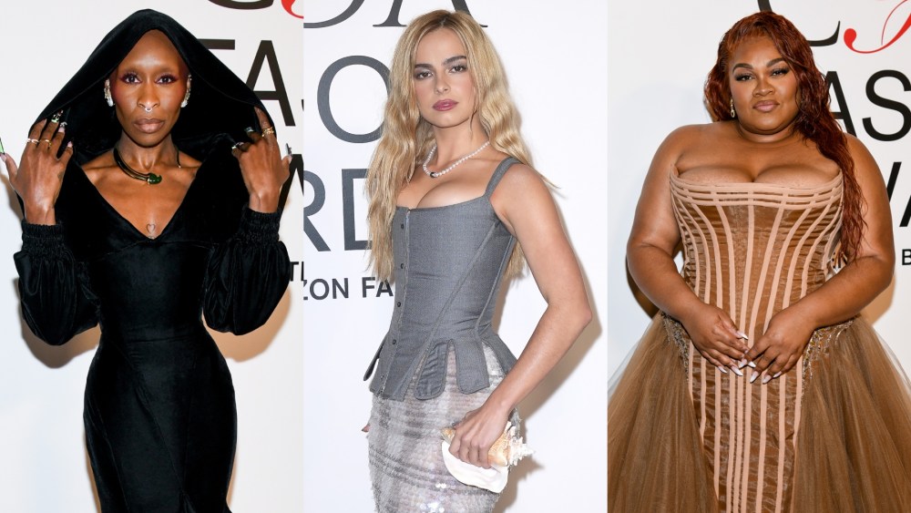 Cynthia Erivo, Addison Rae and Da'Vine Joy Randolph at the 2024 CFDA Fashion Awards on Oct. 28 in New York, red carpet, Zac Posen, corsets, Gap, Thom Browne, Wiederhoeft
