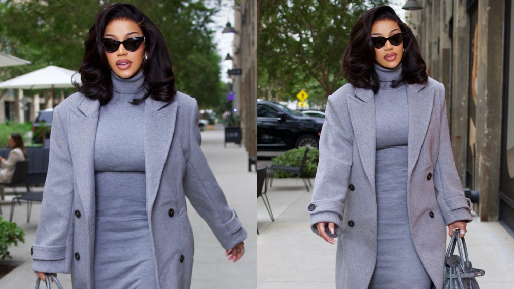 Cardi B visits Revolve Group headquarters in Los Angeles on Oct. 21, gray, Helsa, coat, dress, street style